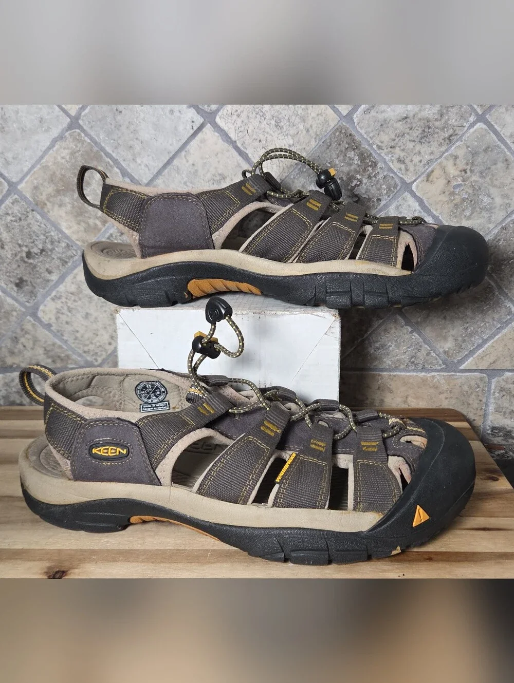 Mens Keen Brown and Yellow Closed-Toe Outdoor Water Park Hiking Sandals Size 11